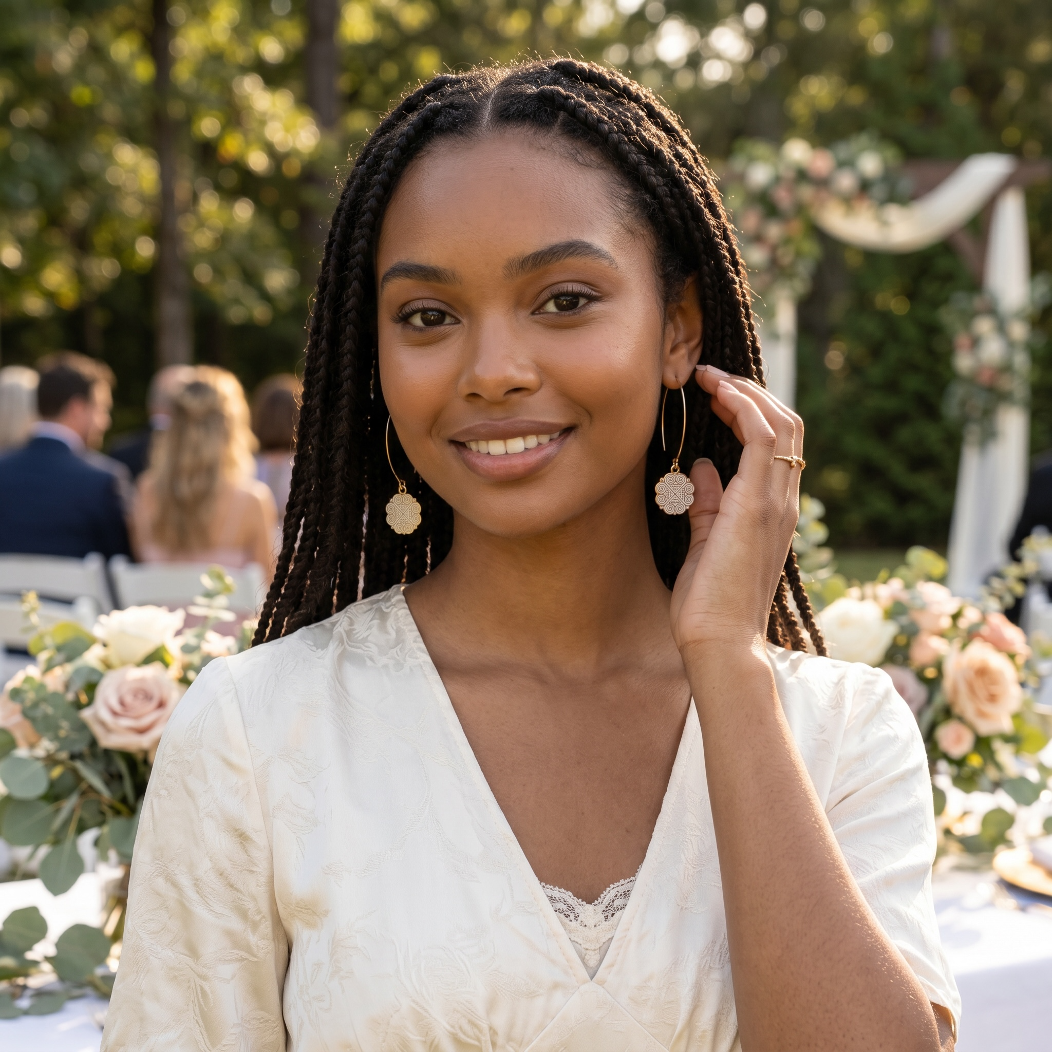 Harlow Mae Designs LLC delicate gold-tone hoop earrings with intricate black and white circular charms.