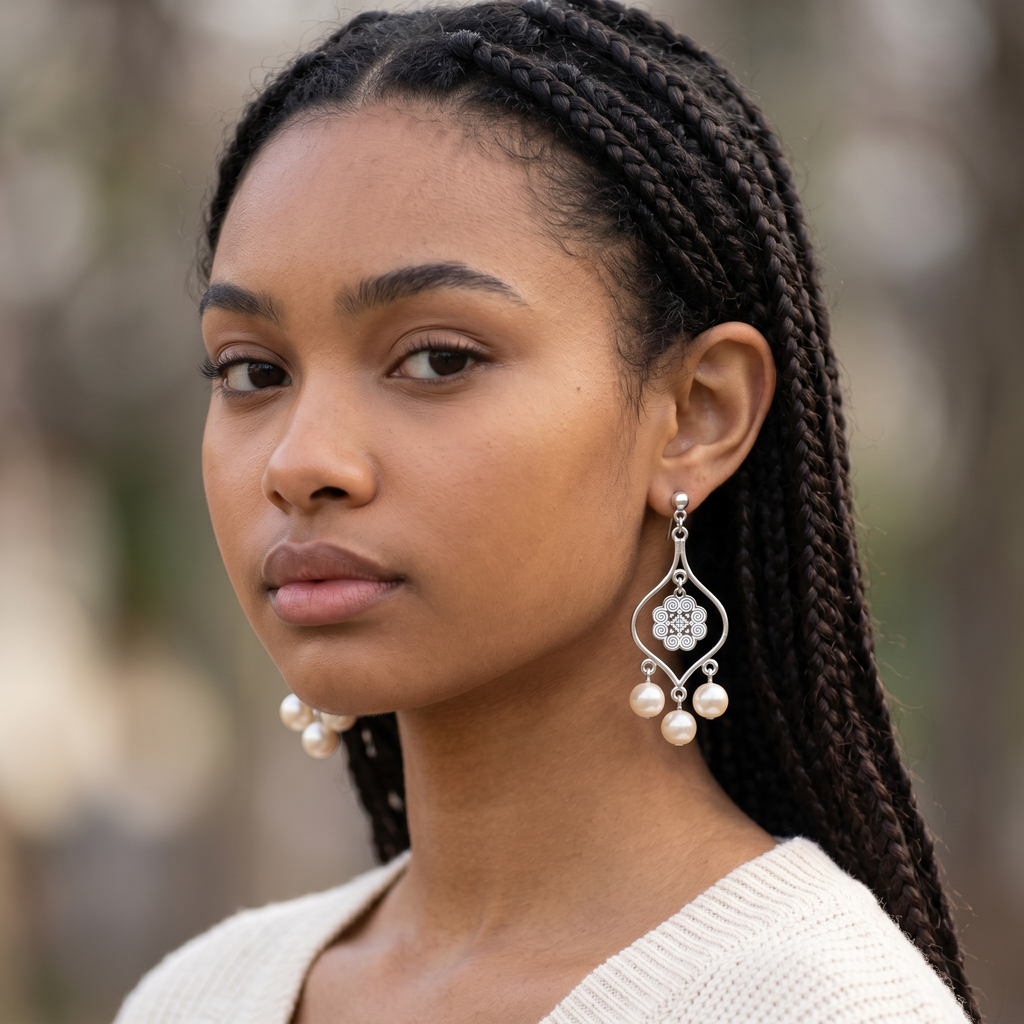 Harlow Mae ornate silver-tone chandelier earrings with faux pearls and intricate detailing.